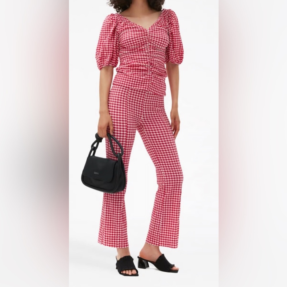 Ganni Vibrant Pink Check gingham Flare Pants with size Zipper